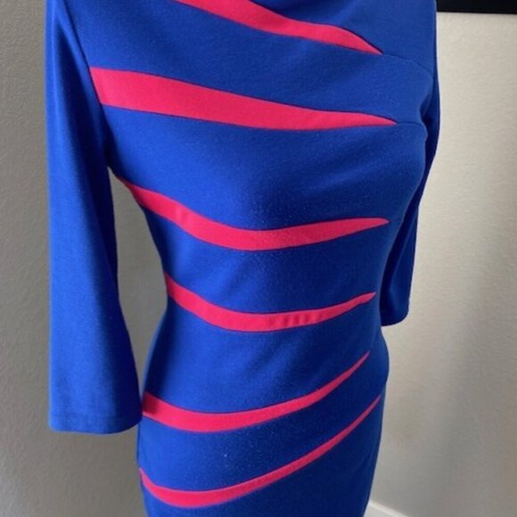 FORTRIC Bodycon Slim Blue Pink Retro-Style 80s Pencil Dress Small - Picture 11 of 12